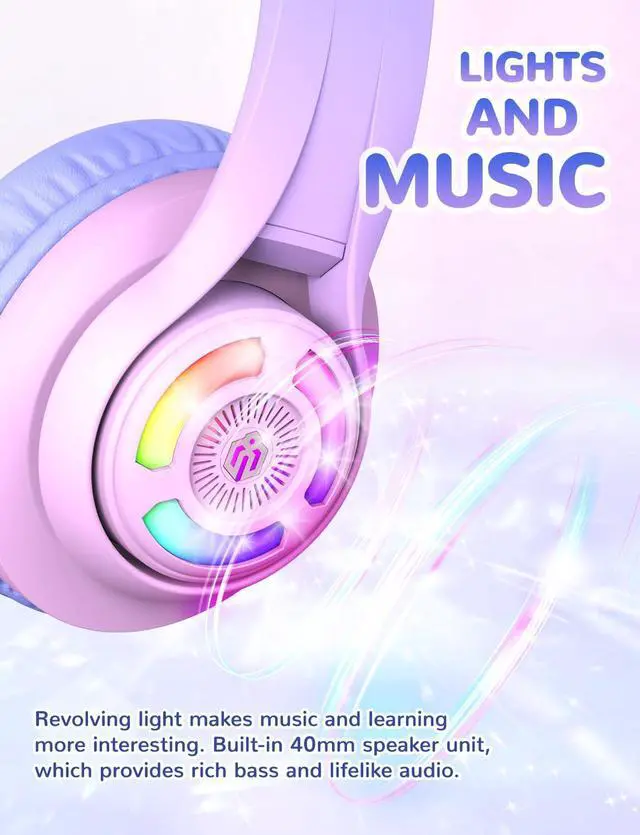 Alt view image 2 of 5 - iClever Cat Ear Kids Bluetooth Headphones, LED Lights Up, 74/85/94dB Volume Limited, 50H Playtime,Bluetooth 5.2, USB C, Kids Headphones Wireless for Travel iPad Tablet, Meow Macaron-Gradient Pink