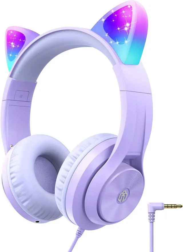Main image of iClever Kids Headphones with Cat Ear Led Light Up, Safe Volume Limite Kids Wired Headphones with FunShare Foldable Over-Ear Headphones for Kids/School/iPad/Tablet/Travel, Meow Donut-Purple