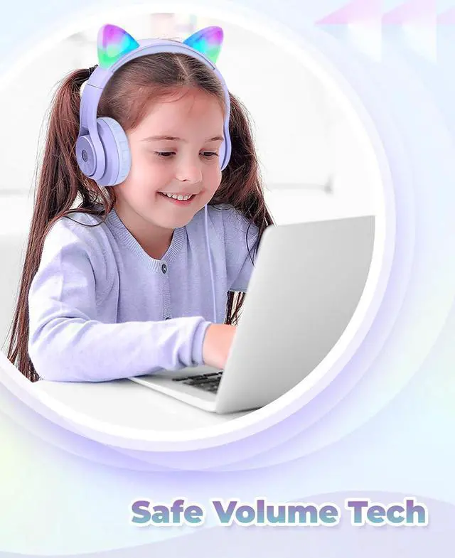Alt view image 4 of 5 - iClever Kids Headphones with Cat Ear Led Light Up, Safe Volume Limite Kids Wired Headphones with FunShare Foldable Over-Ear Headphones for Kids/School/iPad/Tablet/Travel, Meow Donut-Purple
