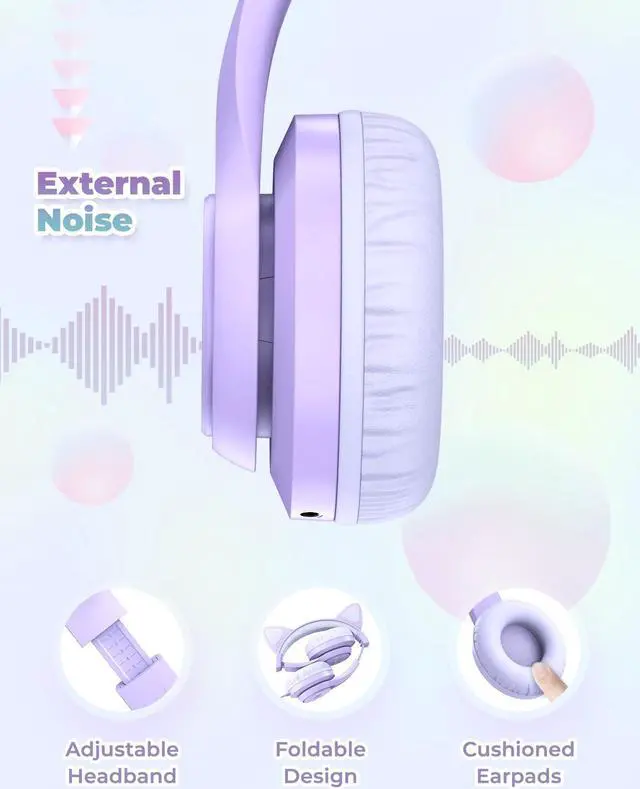 Alt view image 5 of 5 - iClever Kids Headphones with Cat Ear Led Light Up, Safe Volume Limite Kids Wired Headphones with FunShare Foldable Over-Ear Headphones for Kids/School/iPad/Tablet/Travel, Meow Donut-Purple