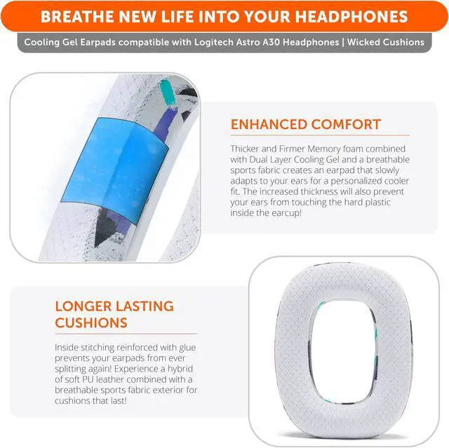 Alt view image 4 of 5 - WC Freeze A30 - Cooling Gel Earpads Compatible with Logitech Astro A30 Headphones by Wicked Cushions - Elevate Comfort, Durability, Thickness & Sound Isolation for Epic Gaming Sessions | 90's White
