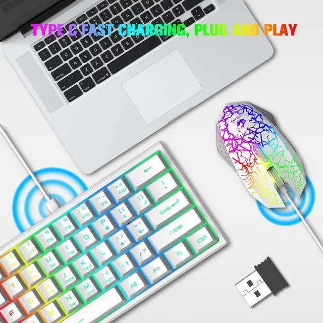Alt view image 3 of 5 - A.JAZZ Wireless Gaming Keyboard and Mouse Combo with 61 Key TKL Rainbow LED Backlight Rechargeable 4000mAh Battery Mechanical Feel Anti-ghosting Ergonomic Waterproof RGB Mute Mice for Win/Mac (White)