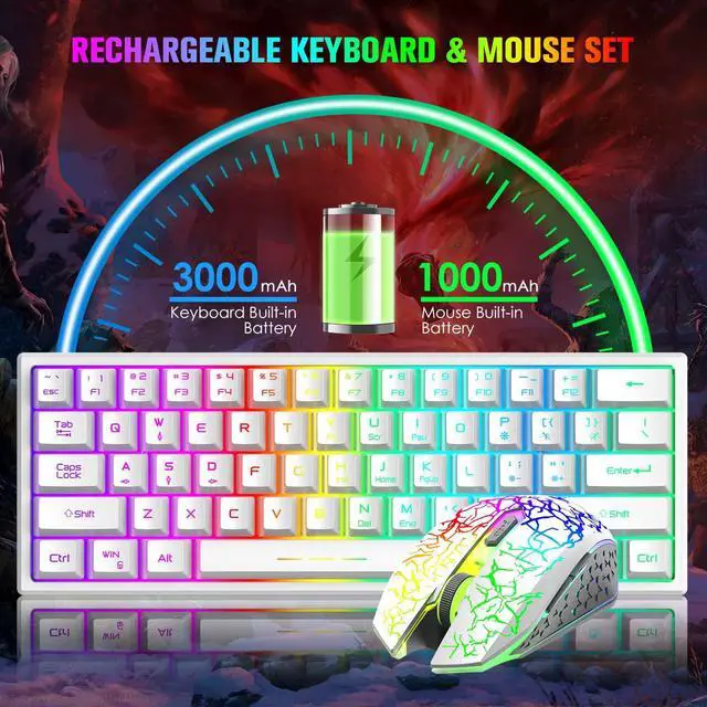 Alt view image 4 of 5 - A.JAZZ Wireless Gaming Keyboard and Mouse Combo with 61 Key TKL Rainbow LED Backlight Rechargeable 4000mAh Battery Mechanical Feel Anti-ghosting Ergonomic Waterproof RGB Mute Mice for Win/Mac (White)