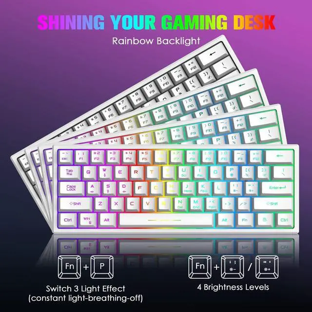 Alt view image 5 of 5 - A.JAZZ Wireless Gaming Keyboard and Mouse Combo with 61 Key TKL Rainbow LED Backlight Rechargeable 4000mAh Battery Mechanical Feel Anti-ghosting Ergonomic Waterproof RGB Mute Mice for Win/Mac (White)