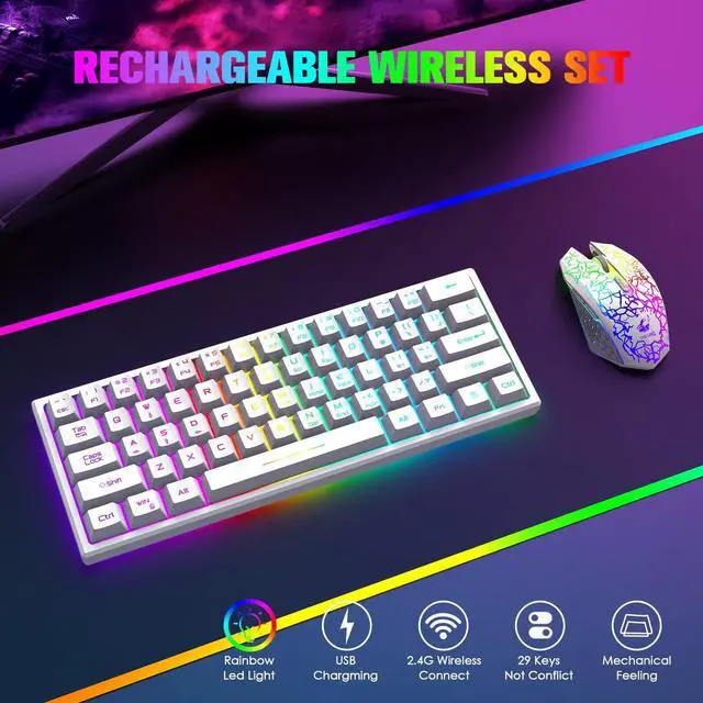 Alt view image 2 of 5 - A.JAZZ Wireless Gaming Keyboard and Mouse Combo with 61 Key TKL Rainbow LED Backlight Rechargeable 4000mAh Battery Mechanical Feel Anti-ghosting Ergonomic Waterproof RGB Mute Mice for Win/Mac (White)