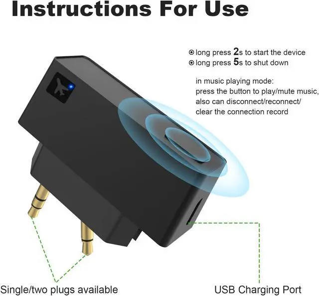Alt view image 2 of 5 - Airplane Bluetooth Adapter for Wireless Headphones and Any 3.5mm Aux Jack on Airplane, Bluetooth 5.0 Transmitter Receiver Fits for TV, iPad, Speaker, Gym, Foldable Single/Double Gold Plug (Micro USB)