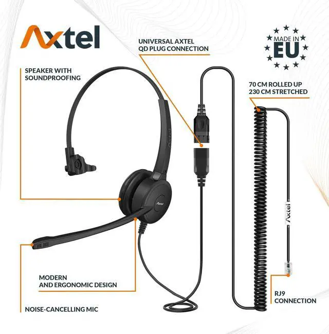 Alt view image 2 of 5 - Axtel Bundle Prime Mono with AXC-04 Cable | Noise Cancellation - Compatible with Cisco 6900, 7800, 7900, 8800, 8900, 9900 Series Phones