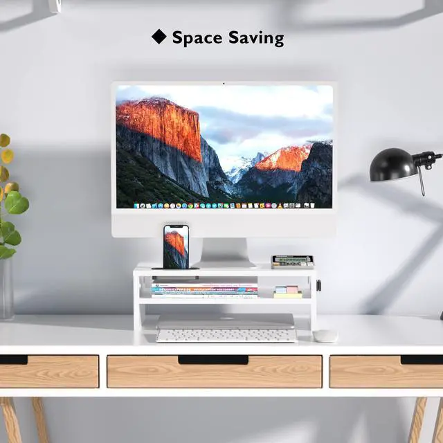 Alt view image 3 of 5 - BONTEC Monitor Stand Riser White, 2 Tiers Wood Monitor Riser Stand with Storage Organizer, Desktop Ergonomic Monitor Stand Riser with Cellphone Holder and Cable Management, 16.5 Inch Desk Shelf