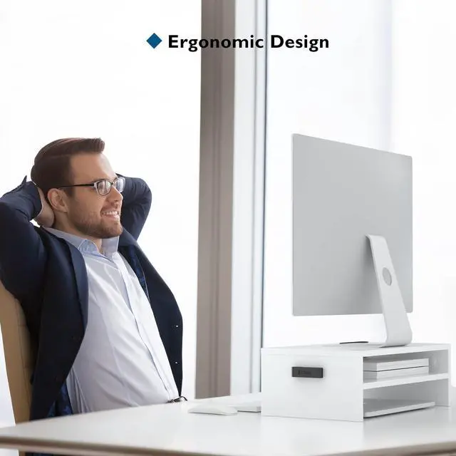 Alt view image 5 of 5 - BONTEC Monitor Stand Riser White, 2 Tiers Wood Monitor Riser Stand with Storage Organizer, Desktop Ergonomic Monitor Stand Riser with Cellphone Holder and Cable Management, 16.5 Inch Desk Shelf
