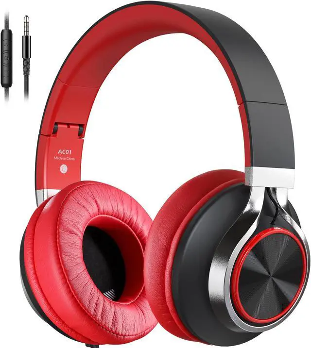 Main image of COOSII Over Ear Headphones Wired, AC01 Noise Isolating Corded Stereo Headsets with Microphone Volume Control for Adults Teens 3.5mm Jack for Chromebooks, Laptop, Computer, Tablets, Travel (Black Red)