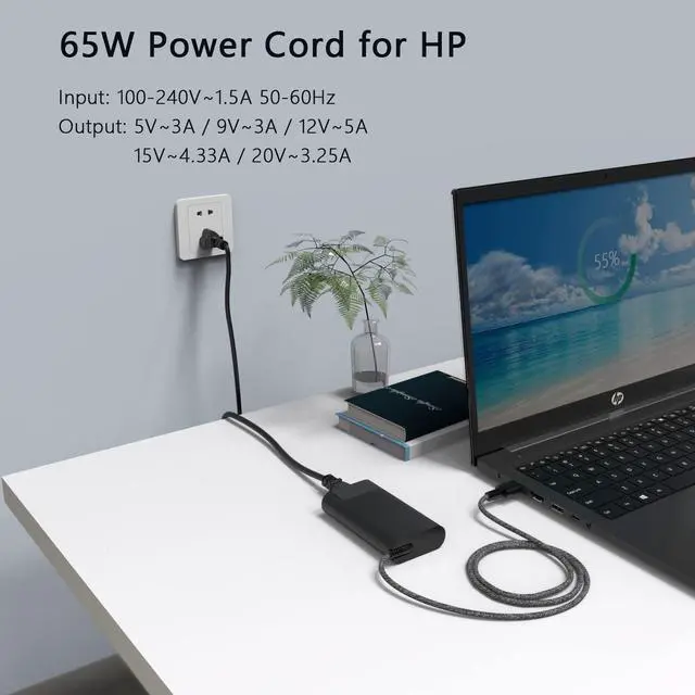 Alt view image 3 of 5 - New Slim HP 65W USB C Charger, Compatible with HP EliteBook 830 840 845 865 640 650 1040 G8 G10, Envy x360 15, ZBook, Spectre ProBook Chromebook X360 Elite x2 Power Adapter Supply Cord