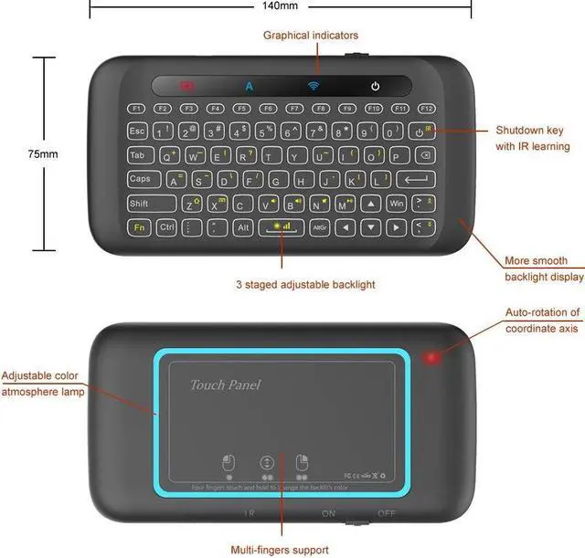 Alt view image 4 of 5 - Mini Wireless Keyboard,H20 Mini Keyboard with Touchpad,Backlit Small Wireless Keyboard,Full Size Touchpad,Handheld IR Remote Keyboard for Android TV Box Windows PC,HTPC,IPTV,PC,Raspberry Pi