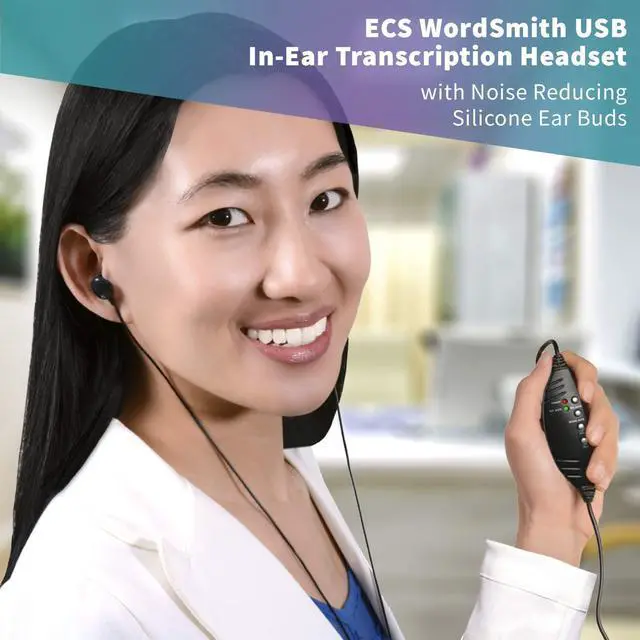 Alt view image 2 of 5 - ECS WordSmith USB Transcription Headset, 7-Foot Cord, in-Ear Ear Bud with Silicone Ear Tips, Superior Comfort & Audio Clarity, External Sound Card, Medical & Legal Dictation, 3 Extra Pair of Ear Tips