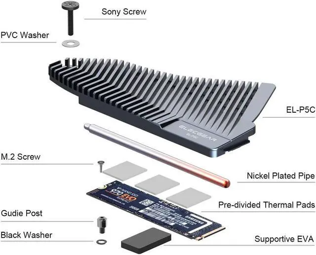 Alt view image 5 of 5 - ElecGear PS5 NVMe SSD Heatsink, EL-P5C Heat Pipe + Solid Aluminum Cooler for Playstation 5 Internal PCIe M.2 NVMe 4.0 Gen4 Gaming Memory, Thermal Pads and Re-Designed SSD Mounting Post Kit