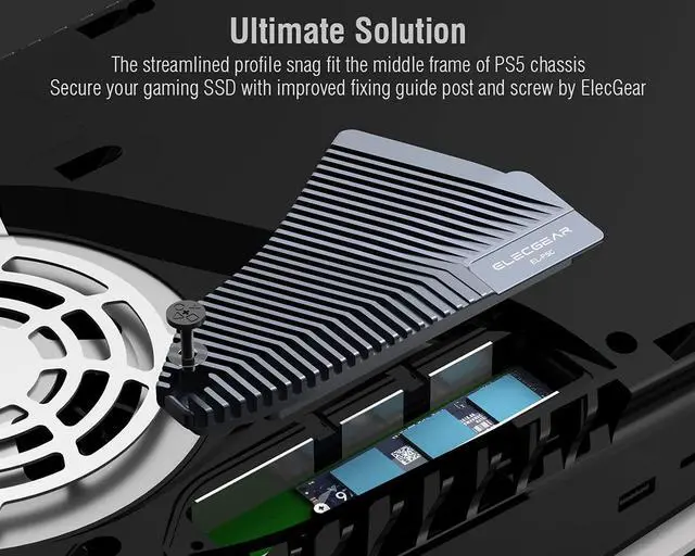 Alt view image 3 of 5 - ElecGear PS5 NVMe SSD Heatsink, EL-P5C Heat Pipe + Solid Aluminum Cooler for Playstation 5 Internal PCIe M.2 NVMe 4.0 Gen4 Gaming Memory, Thermal Pads and Re-Designed SSD Mounting Post Kit