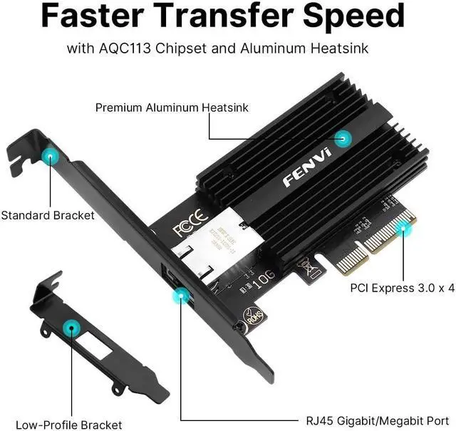 Alt view image 3 of 5 - Fenvi 10GB PCIe Network Card with Single RJ45 Port NIC LAN Card Marvell AQtion AQC113C 10G Base-T Ethernet PCI-E Network Adapter Controller for Windows10/11/Linux and Windows Server 2012 Above