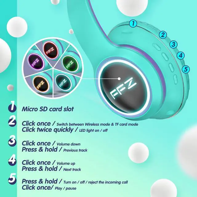 Alt view image 2 of 5 - FFZ Kids Wireless Headphones, K21 Colorful LED Lights Blue Tooth-V5.0 Headphones for Kid with Built-in Microphone, Foldable Headset & Soft Earpads, for School/Car/Airplane/Ipad (Purple)