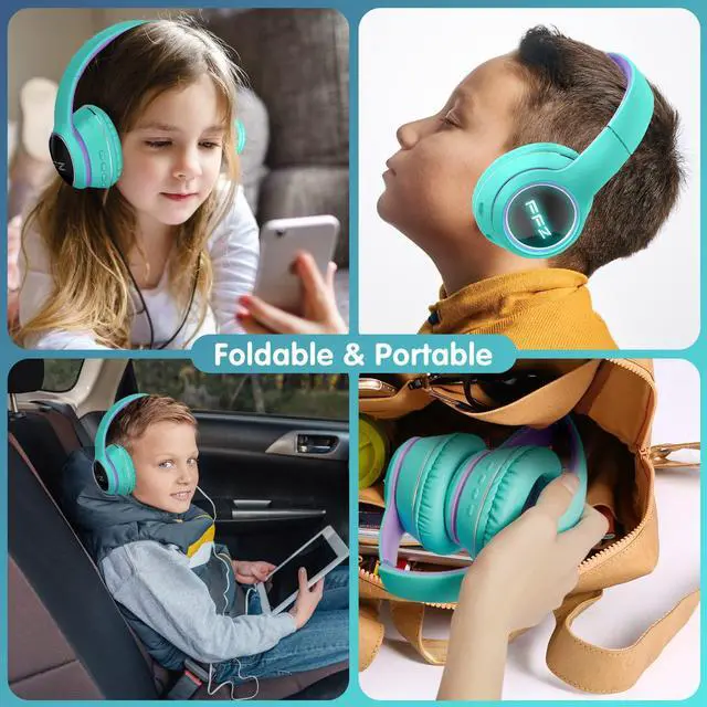 Alt view image 5 of 5 - FFZ Kids Wireless Headphones, K21 Colorful LED Lights Blue Tooth-V5.0 Headphones for Kid with Built-in Microphone, Foldable Headset & Soft Earpads, for School/Car/Airplane/Ipad (Purple)