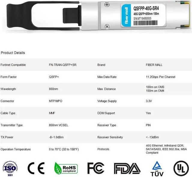 Alt view image 2 of 5 - 40G QSFP SR4 for Fortinet FN-TRAN-QSFP+SR,40GBASE-SR4 QSFP+ 850nm 150m MTP/MPO DOM Optical Transceiver Module