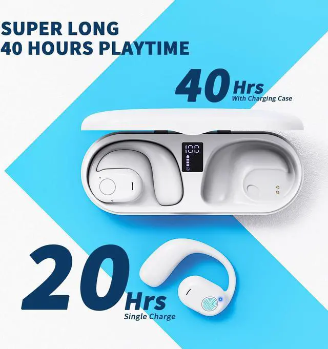 Alt view image 4 of 5 - PSIER Open Ear Bluetooth Headphones, 40 Hours Playtime Bluetooth 5.3 Wireless Sports Earbuds with Digital Display Charging Case, White