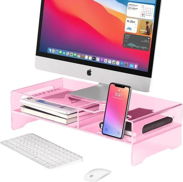 Main image of HEWYIOS Pink Acrylic Monitor Stand Riser, 2-Tier computer stand with Storage, clear monitor stand for desk Suitable for laptops, printers, TV,desk organization With phone holder