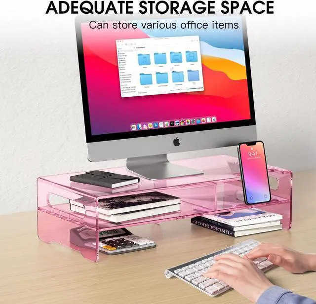 Alt view image 3 of 5 - HEWYIOS Pink Acrylic Monitor Stand Riser, 2-Tier computer stand with Storage, clear monitor stand for desk Suitable for laptops, printers, TV,desk organization With phone holder