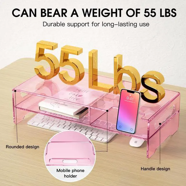 Alt view image 5 of 5 - HEWYIOS Pink Acrylic Monitor Stand Riser, 2-Tier computer stand with Storage, clear monitor stand for desk Suitable for laptops, printers, TV,desk organization With phone holder
