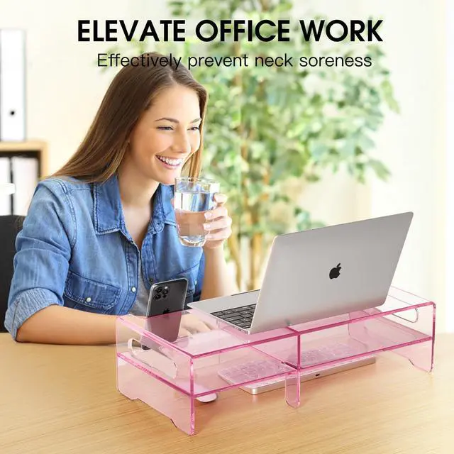 Alt view image 4 of 5 - HEWYIOS Pink Acrylic Monitor Stand Riser, 2-Tier computer stand with Storage, clear monitor stand for desk Suitable for laptops, printers, TV,desk organization With phone holder