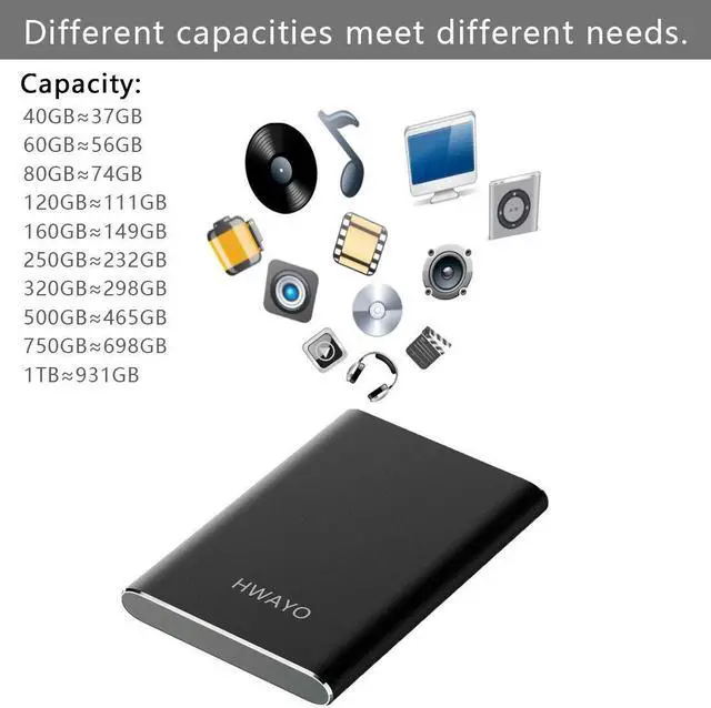 Alt view image 5 of 5 - HWAYO 320GB Portable External Hard Drive, USB3.1 Gen 1 Type C Ultra Slim 2.5'' HDD Storage Compatible for PC, Desktop, Laptop, Mac, Xbox One (Black)