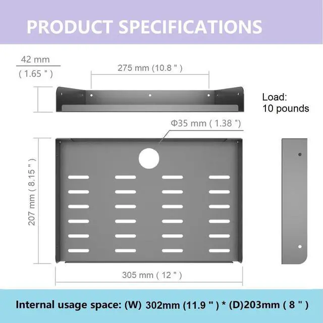 Alt view image 2 of 5 - JINGCHENGMEI Metal Floating Wall Mounted Shelf Bracket for AV, TV Accessories, WiFi Router, TV Box, Cable Boxes, DVD Player, Games Consoles or Other Small Projectors (12 inches Width)