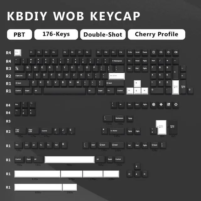 Alt view image 2 of 5 - KBDiy WOB PBT Double Shot Custom Keycap Set,176 Keys Black and White Gaming Key Caps Cherry Profile Keycaps for 61/64/68/84/87/100/104/108 Mechanical Keyboard