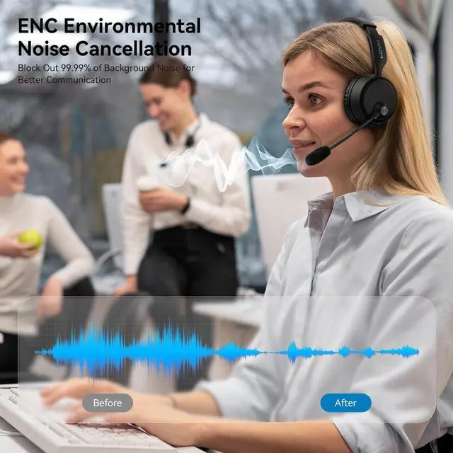 Alt view image 2 of 5 - LEVN Bluetooth Headset with Microphone, Wireless Headset with Mic & Mute Button, 60 Hrs Working Time Noise Cancelling Bluetooth Headset 5.3 Multipoint Connect to Cell Phone/Mobile/Laptop/Tablet/PC