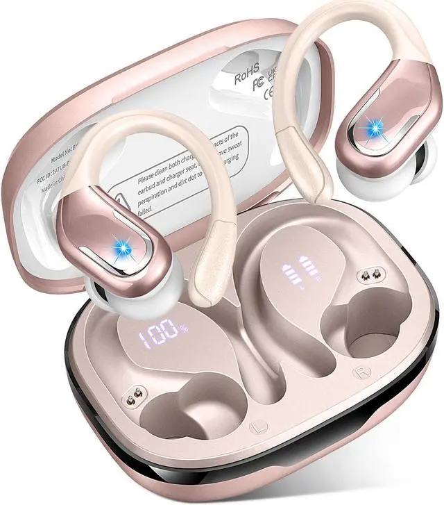Main image of Wireless Earbud, 75H Bluetooth 5.4 Headphones Sport IP7 Waterproof, Running Wireless Earphones with ENC Noise Canceling Mic, 3D Bass Over Ear bud with Earhooks for Android, iOS, Workout, Gym, Rosegold