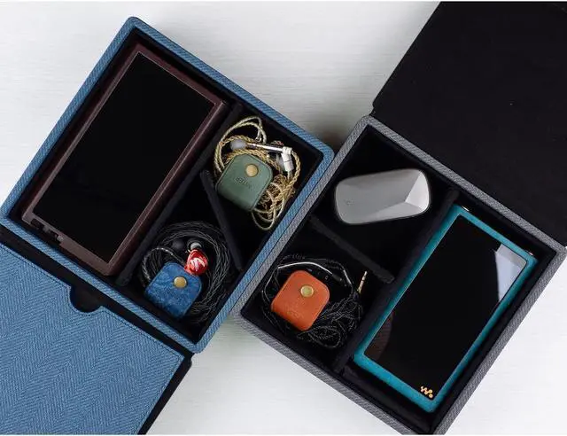 Alt view image 3 of 5 - MITER CASE Carrying Case for 4 IEM Earphone , Handmade Italy PU Leather Hard Box for Earphones + Digital Audio Player DAP AMP DAC Storage Carry Cover Box (4 Earphone Case-Indigo Blue)
