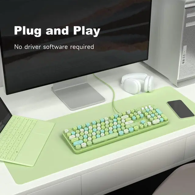 Alt view image 3 of 5 - MOWUX Computer Keyboard Wired, Plug Play USB Retro Round Typewriter Keyboard, Full Size Wired Keyboard with Foldable Stands for Laptop and Office PC - Green Colorful