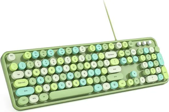 Main image of MOWUX Computer Keyboard Wired, Plug Play USB Retro Round Typewriter Keyboard, Full Size Wired Keyboard with Foldable Stands for Laptop and Office PC - Green Colorful