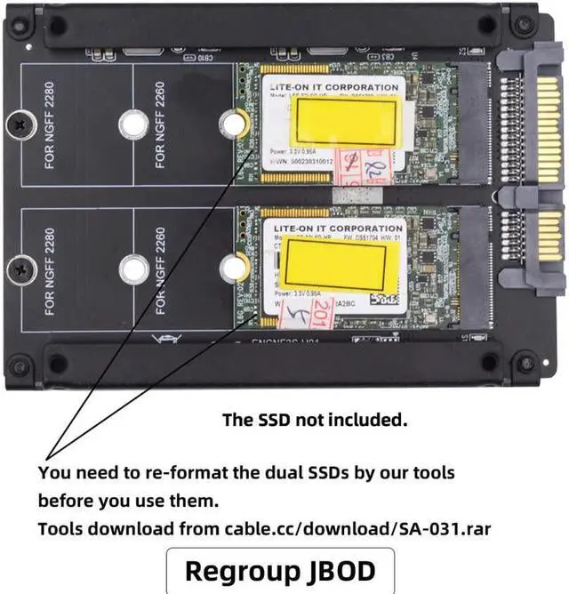 Alt view image 5 of 5 - NFHK Dual NGFF B+M Key M.2 SSD Card JOBD Raid0 Span Bridge to 2.5inch SATA Combo HDD Disk Drive Enclosure