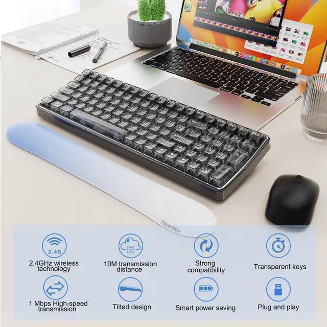 Alt view image 2 of 5 - Wireless Transparent Keyboard and Mouse Combo with Soft Wrist Rest, Nowlike Ergonomic Full-Size with Clear Keycaps, Compatible with Windows and PC, Perfect for Home and Office.(Black)