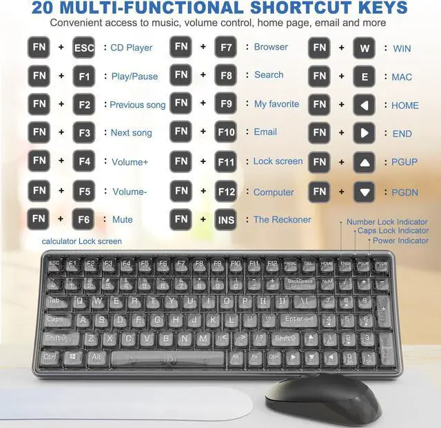 Alt view image 5 of 5 - Wireless Transparent Keyboard and Mouse Combo with Soft Wrist Rest, Nowlike Ergonomic Full-Size with Clear Keycaps, Compatible with Windows and PC, Perfect for Home and Office.(Black)