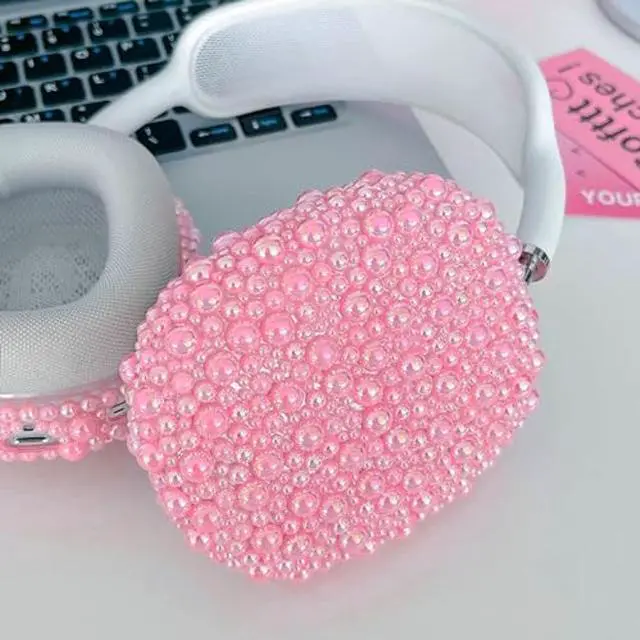 Alt view image 3 of 5 - Glitter Pearls Case Cover for AirPods Max Headphones with Cleaner Pen Girls, Soft Handmade Beads TPU Ear Cups/Ear Pad/Headband Case Cover Silicone Protector for Apple Air Pod Max Accessories, Pink
