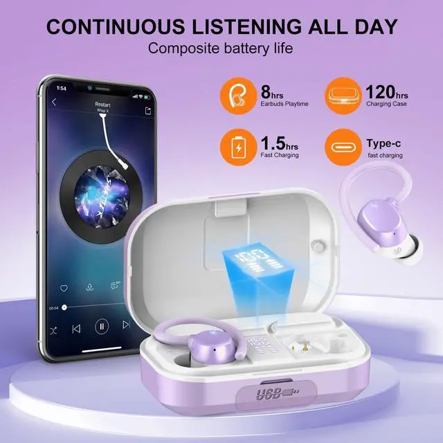 Alt view image 2 of 5 - Wireless Earbuds Bluetooth Headphones 120hrs Playtime HiFi Stereo Wireless Headphones with Mic Deep Bass Wireless Earphones with Dual LED Display USB-C IP7 Waterproof Earbuds for Running Sports Purple