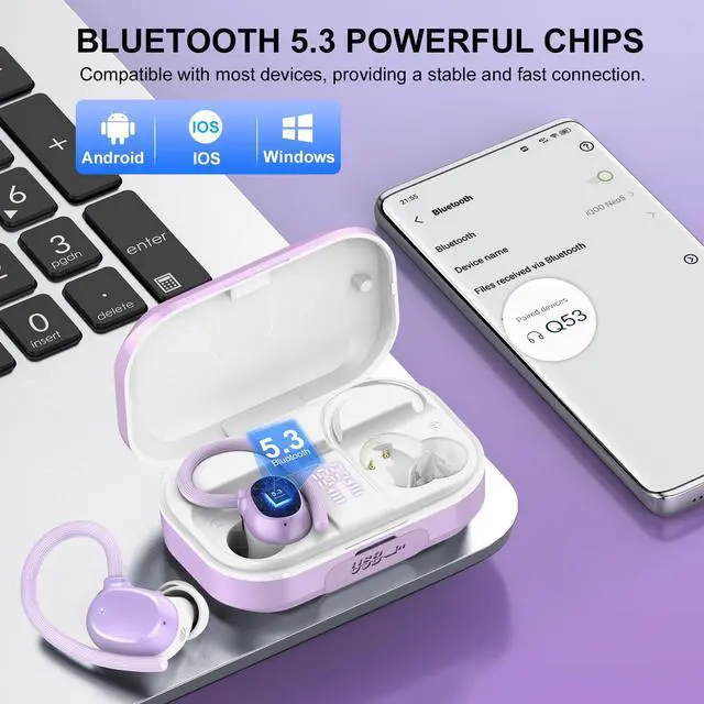 Alt view image 5 of 5 - Wireless Earbuds Bluetooth Headphones 120hrs Playtime HiFi Stereo Wireless Headphones with Mic Deep Bass Wireless Earphones with Dual LED Display USB-C IP7 Waterproof Earbuds for Running Sports Purple