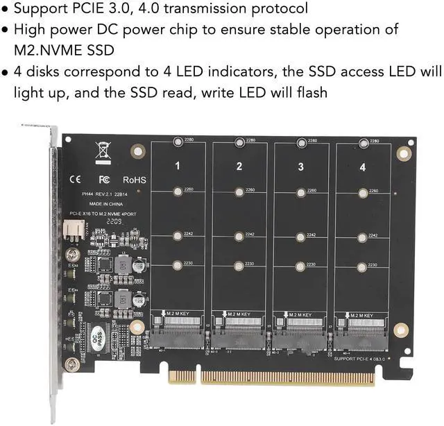 Alt view image 3 of 5 - M.2 NVMe SSD to PCIE X16 Adapter, M Key M.2 PCIe x16 Controller Expansion Card, High Speed Raid Card, 4 Port SSD Array Card with Individual LED Indicator