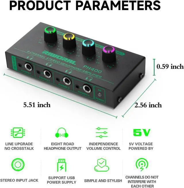 Alt view image 4 of 5 - Riworal 4 Channels Headphone Amplifier with 1/4" and 1/8" TRS Jack Input for Dj Mixer Headphone Mixer Amps Headphone Splitter with Separate Volume Control Output for Speaker Or Monitor Headphone