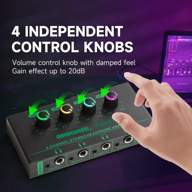 Alt view image 5 of 5 - Riworal 4 Channels Headphone Amplifier with 1/4" and 1/8" TRS Jack Input for Dj Mixer Headphone Mixer Amps Headphone Splitter with Separate Volume Control Output for Speaker Or Monitor Headphone
