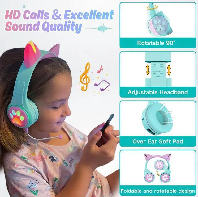 Alt view image 2 of 5 - Riwbox CF9 Cat Ear Kids Bluetooth Headphones with LED Light Up,Safe 85dB Volume Limit,Built-in Mic&Boom Mic for Calls,Kids Wireless&Wired Headphones for Tablet/Airplane/School/Online Learning (Green)