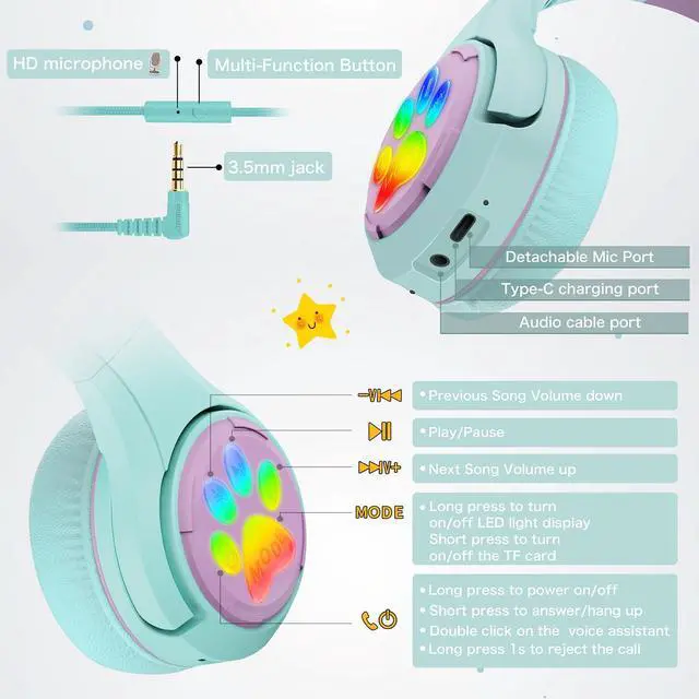Alt view image 5 of 5 - Riwbox CF9 Cat Ear Kids Bluetooth Headphones with LED Light Up,Safe 85dB Volume Limit,Built-in Mic&Boom Mic for Calls,Kids Wireless&Wired Headphones for Tablet/Airplane/School/Online Learning (Green)