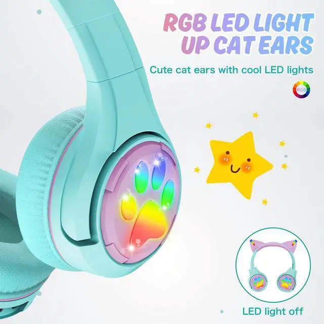 Alt view image 3 of 5 - Riwbox CF9 Cat Ear Kids Bluetooth Headphones with LED Light Up,Safe 85dB Volume Limit,Built-in Mic&Boom Mic for Calls,Kids Wireless&Wired Headphones for Tablet/Airplane/School/Online Learning (Green)