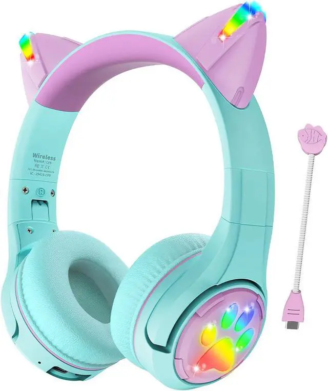 Main image of Riwbox CF9 Cat Ear Kids Bluetooth Headphones with LED Light Up,Safe 85dB Volume Limit,Built-in Mic&Boom Mic for Calls,Kids Wireless&Wired Headphones for Tablet/Airplane/School/Online Learning (Green)