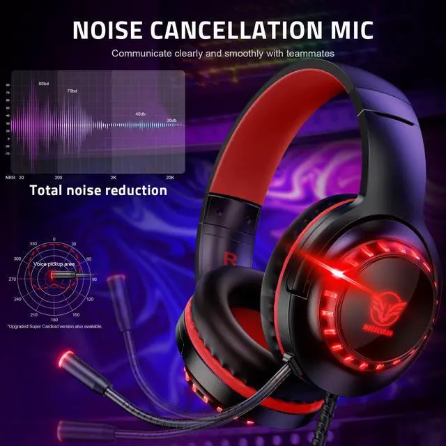 Alt view image 2 of 5 - Pacrate Gaming Headset for PS4/PS5/Xbox One/Nintendo Switch/PC, PS4 Headset with Microphone Xbox Headset with LED Lights, Noise Cancelling PS5 Headset for Kids Adults - Red
